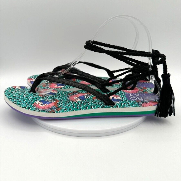 NWT Roxy x Stella Jean Cannes Sandals Ankle Wrap US 10 Tropical Green Beach Boho - Picture 1 of 10